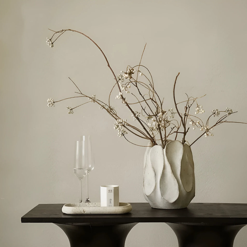 Ceramic irregular art vase for flower arrangements in low or high style magnesium clay construction