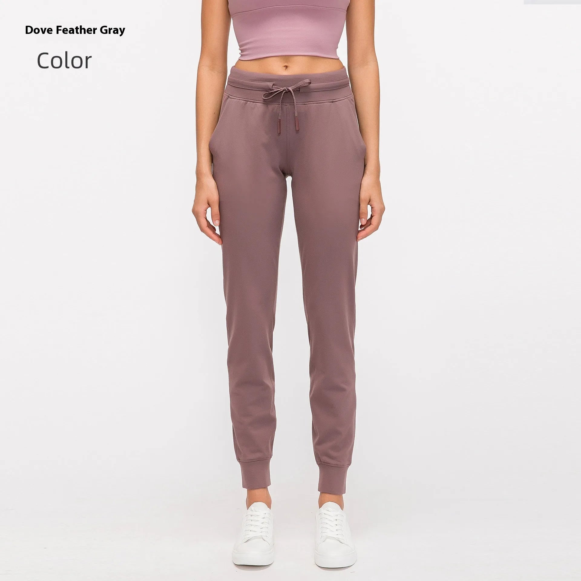 Women's high-waist yoga pants in distilled coffee colour with an elastic drawstring waist for fitness.