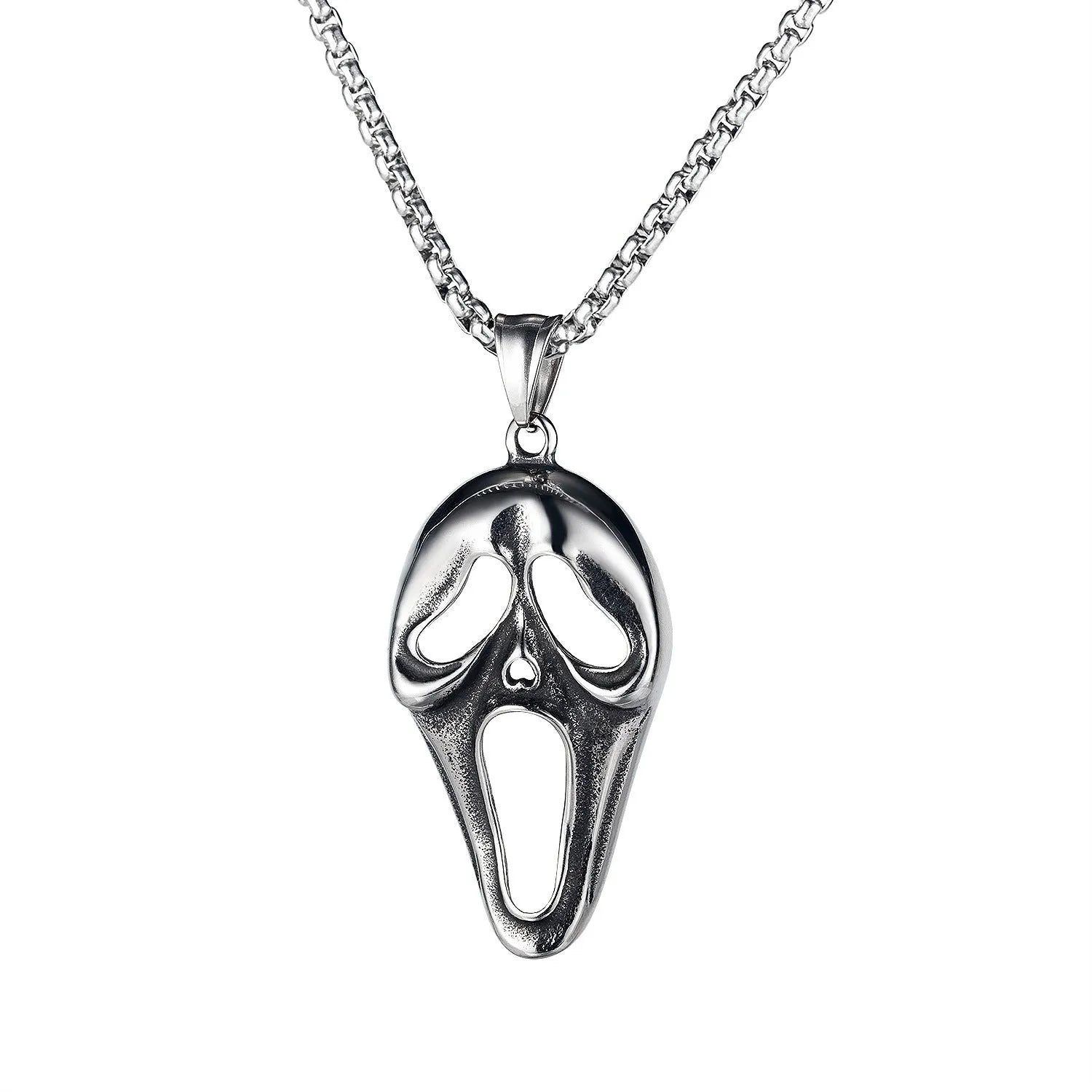 Men's silver stainless steel necklace with alloy skull pendant and matching chain