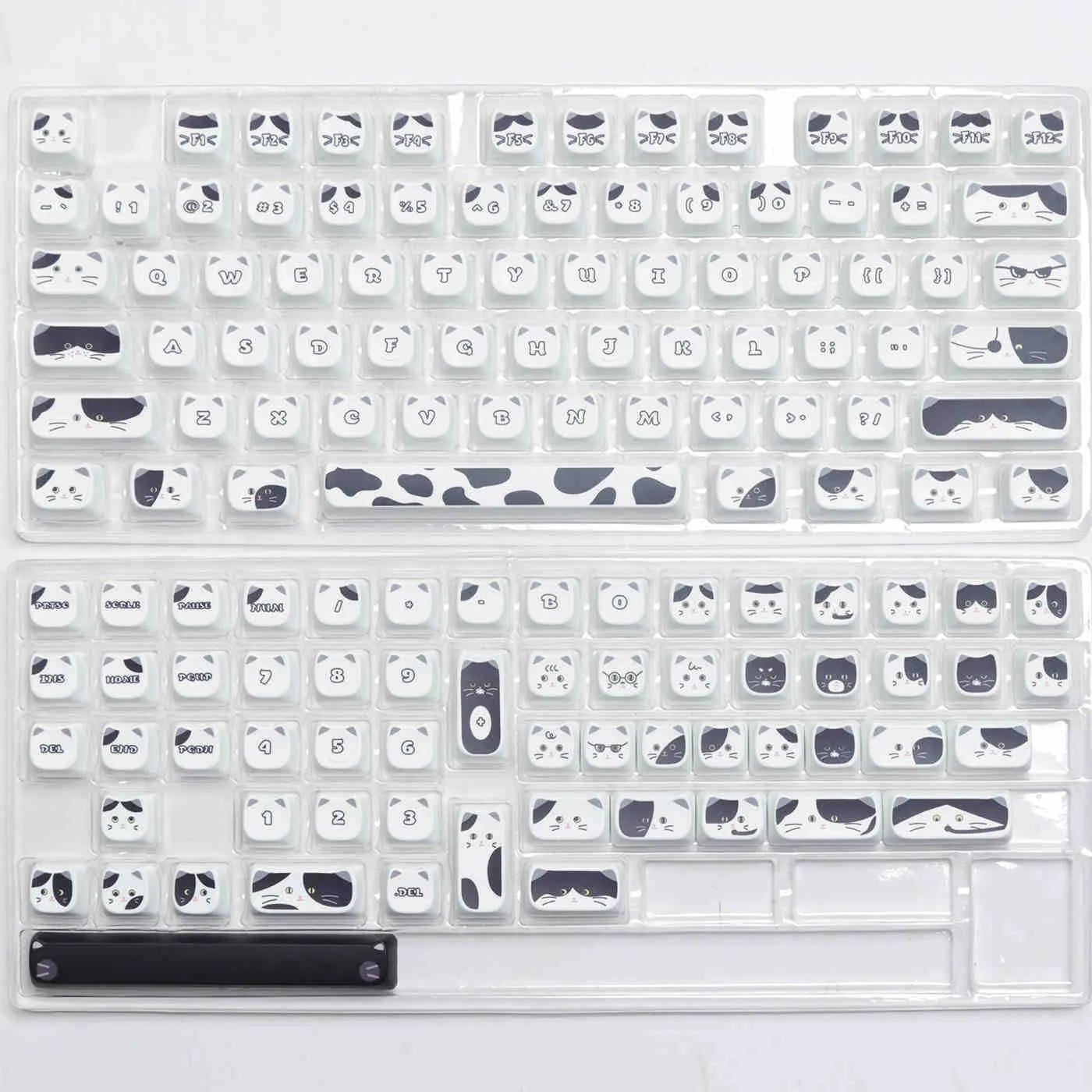 Full set of black and white kitten sublimation keycaps on a mechanical keyboard, PBT material, MAO profile