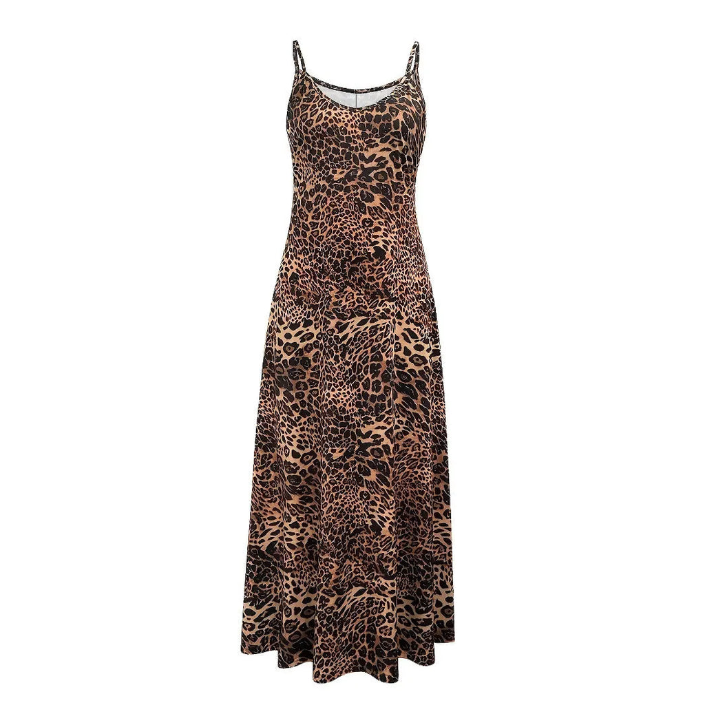 Dark brown leopard print sleeveless dress with round neck and mid waist hip skirt design