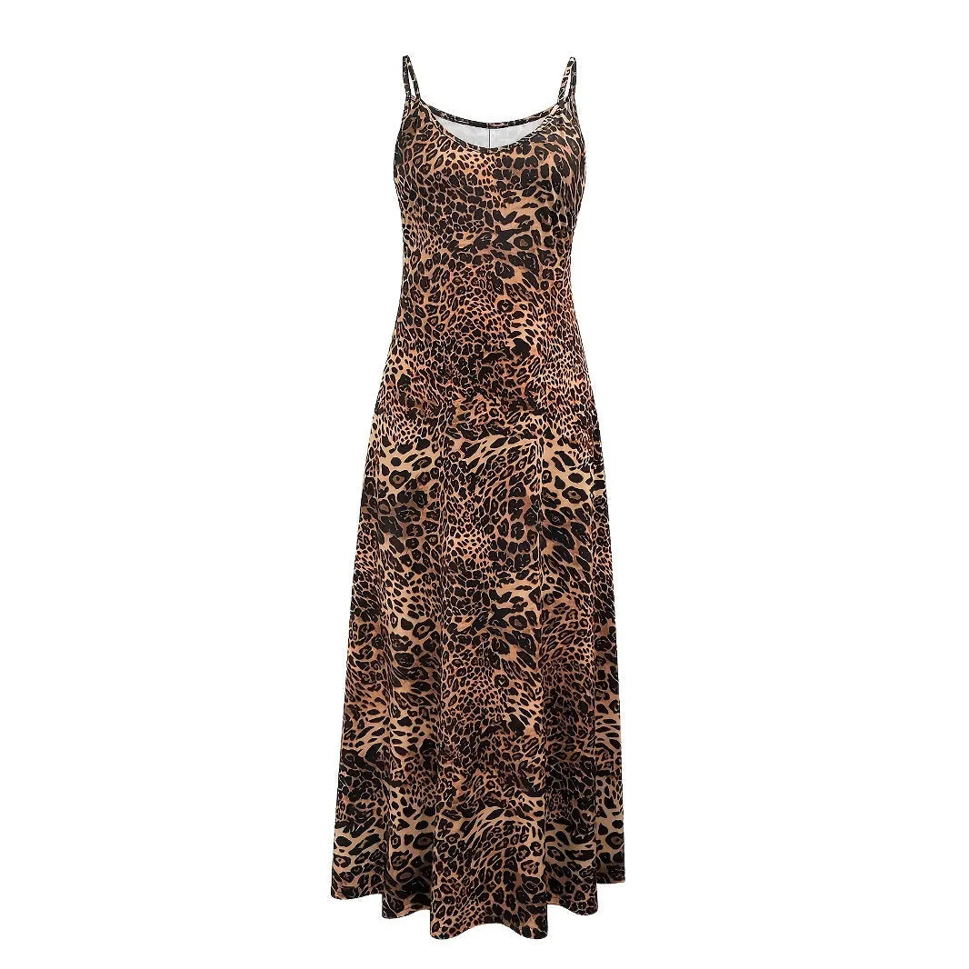 Dark brown leopard print sleeveless dress with round neck and mid waist hip skirt design
