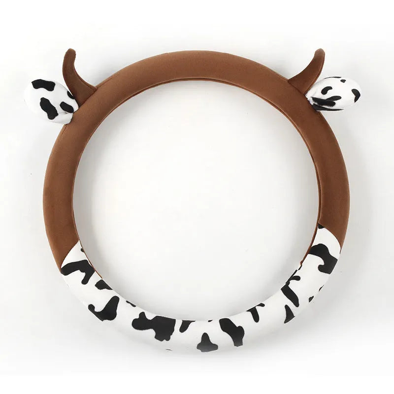 Short plush steering wheel cover showing protective handle section and 38cm diameter measurement