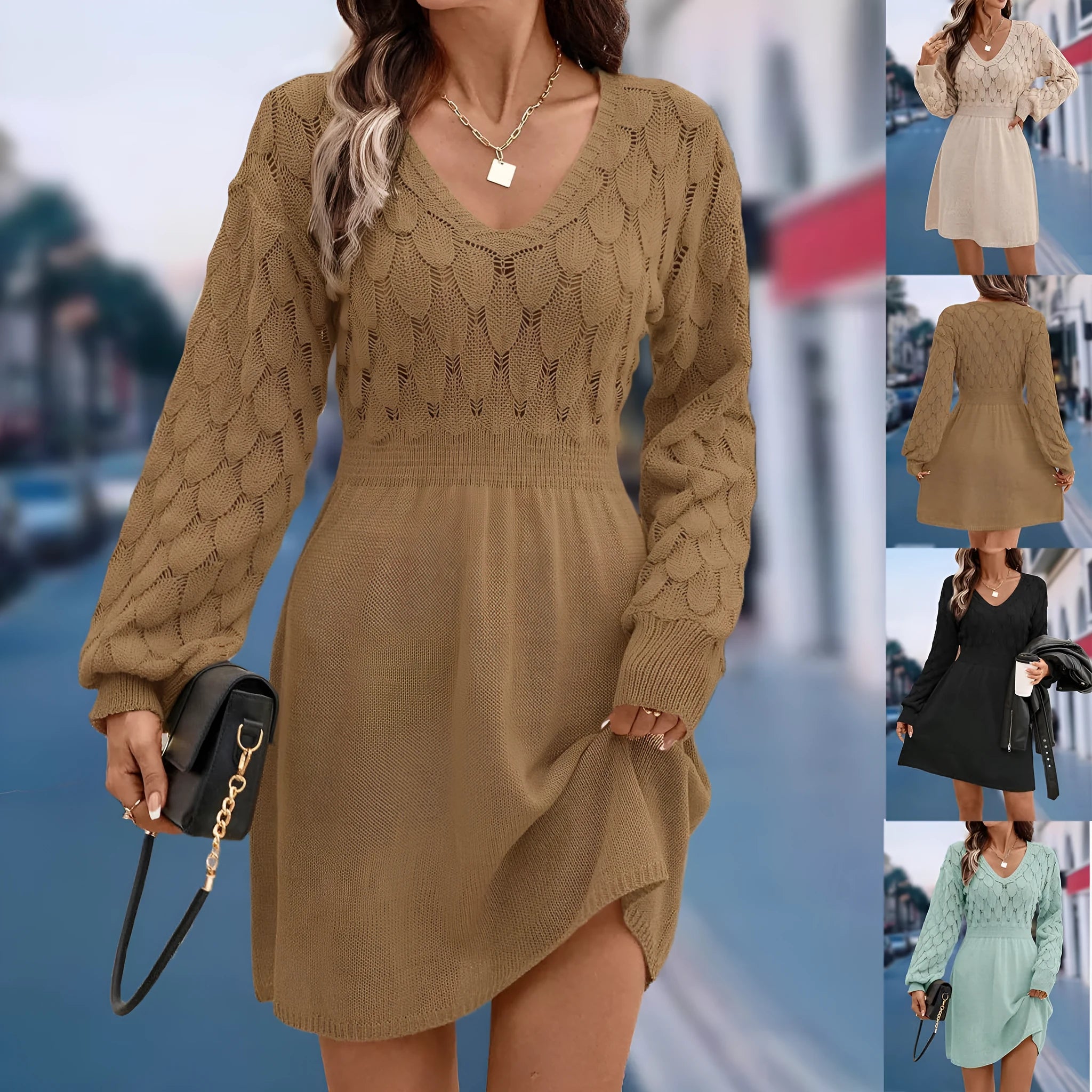 Women's artistic retro V-neck long sleeve beach dress in acrylic fabric with a 3D pattern.