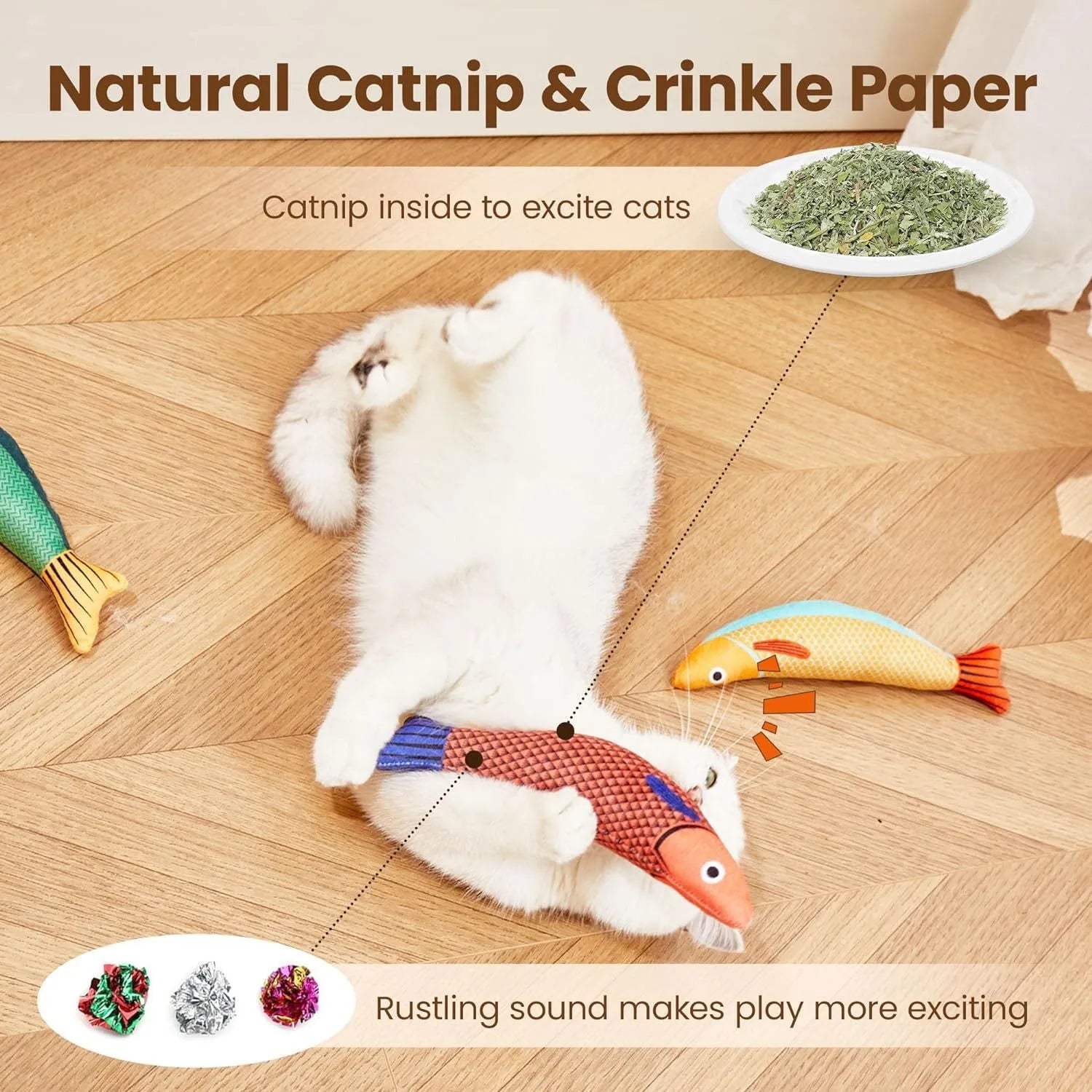 Soft plush catnip fish kicker toy in green, orange, or yellow colours for interactive cat play