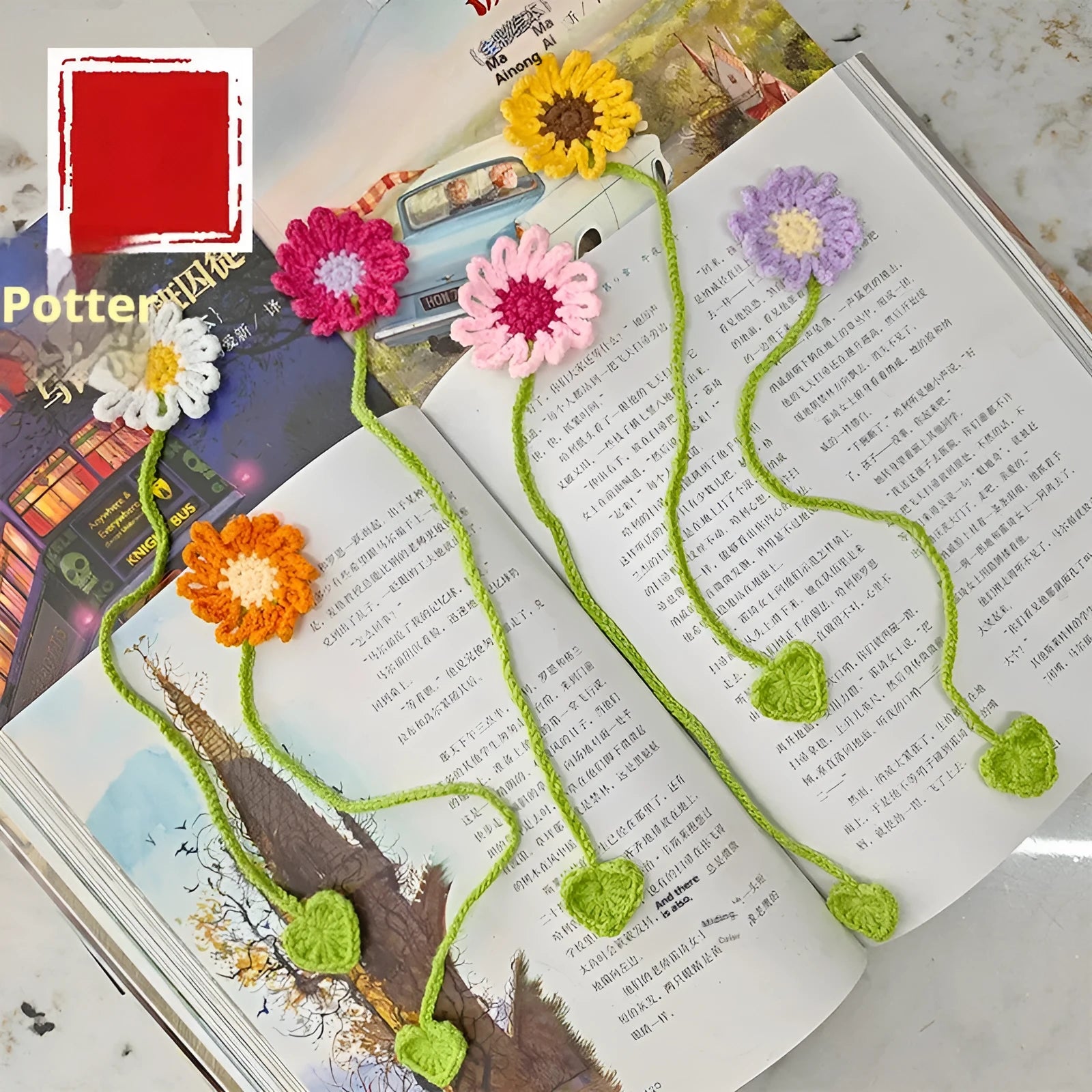 Hand-crocheted wool bookmark with daisy design on flexible wire in multiple colour options