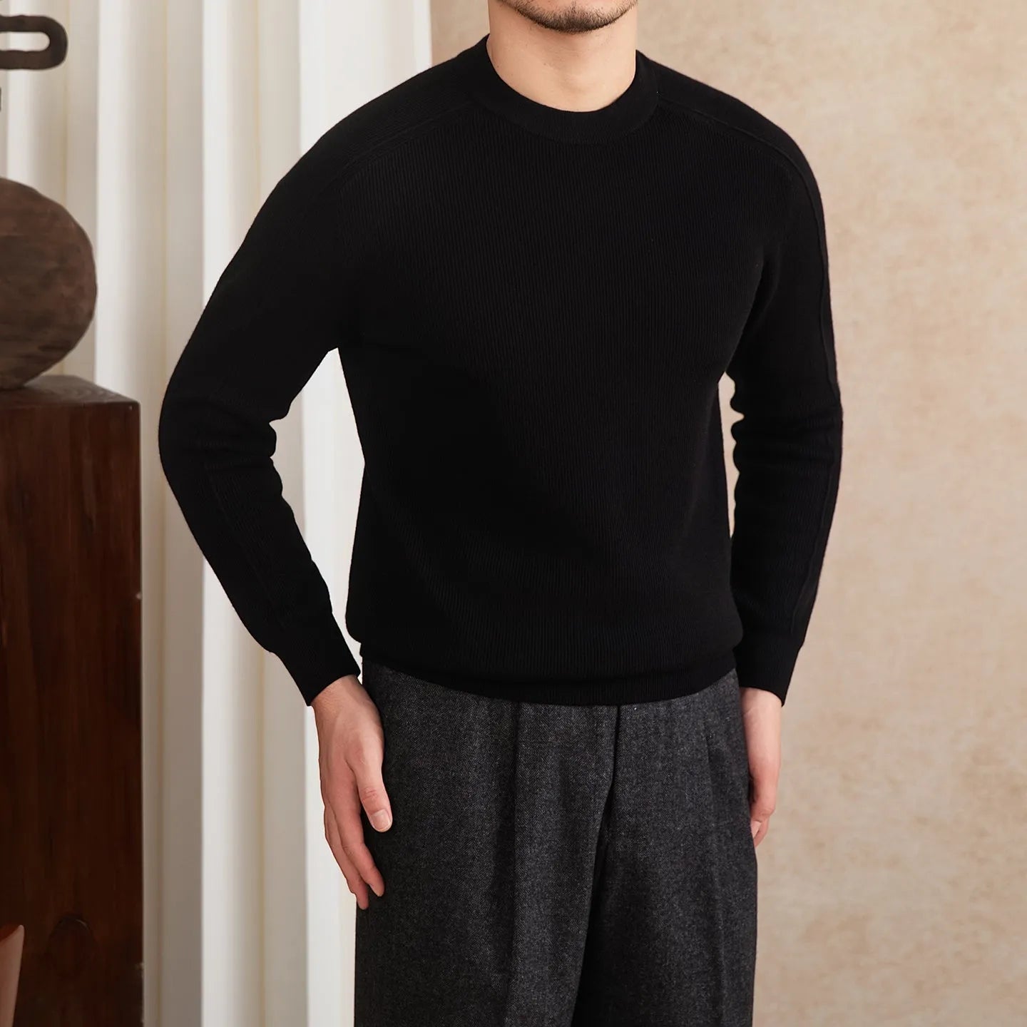 Men's slim-fit retro casual knitted bottoming shirt in camel colour, soft fabric blend available in multiple sizes