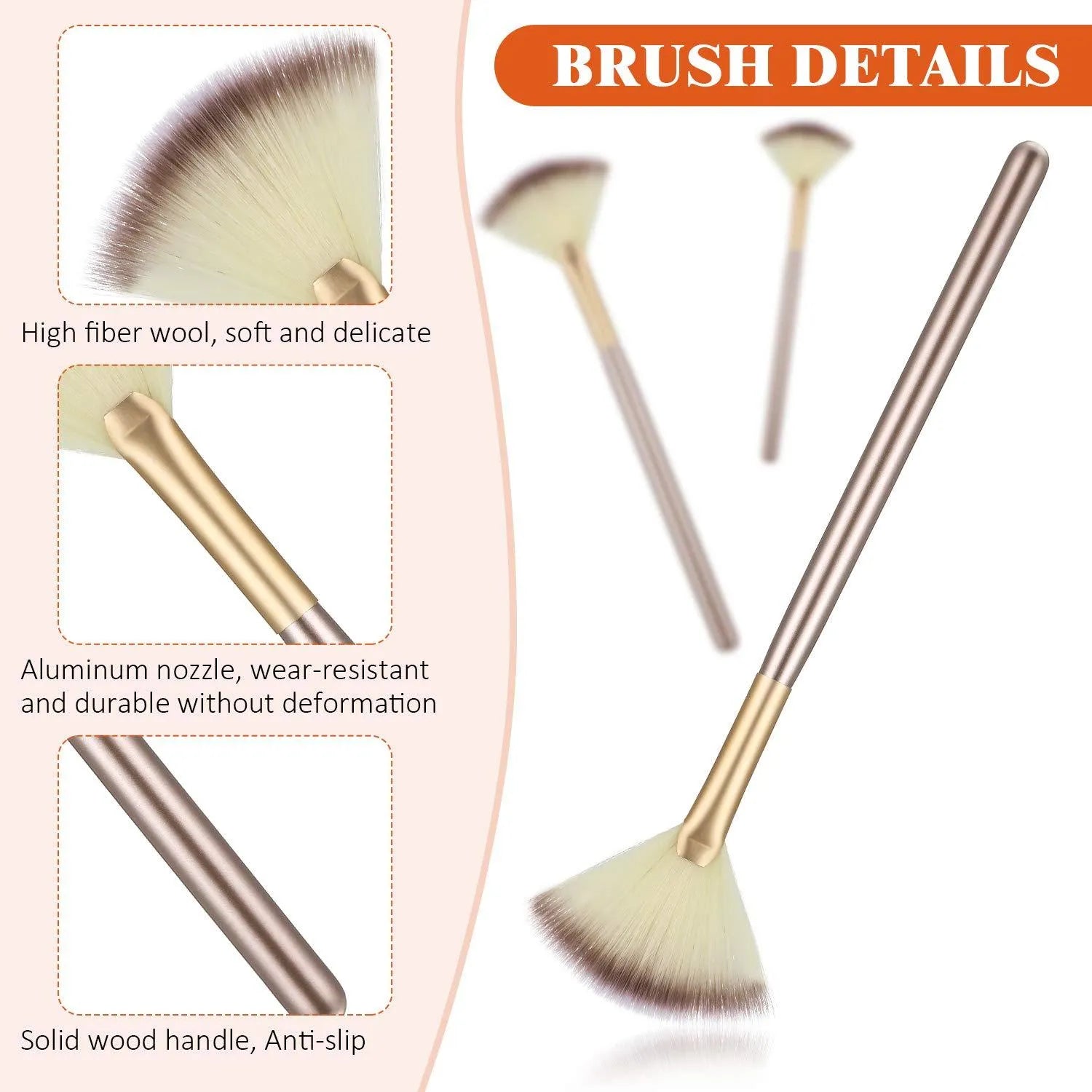 Ten champagne-coloured acrylic handle fan brushes with soft fibre bristles and individual clear protective covers.