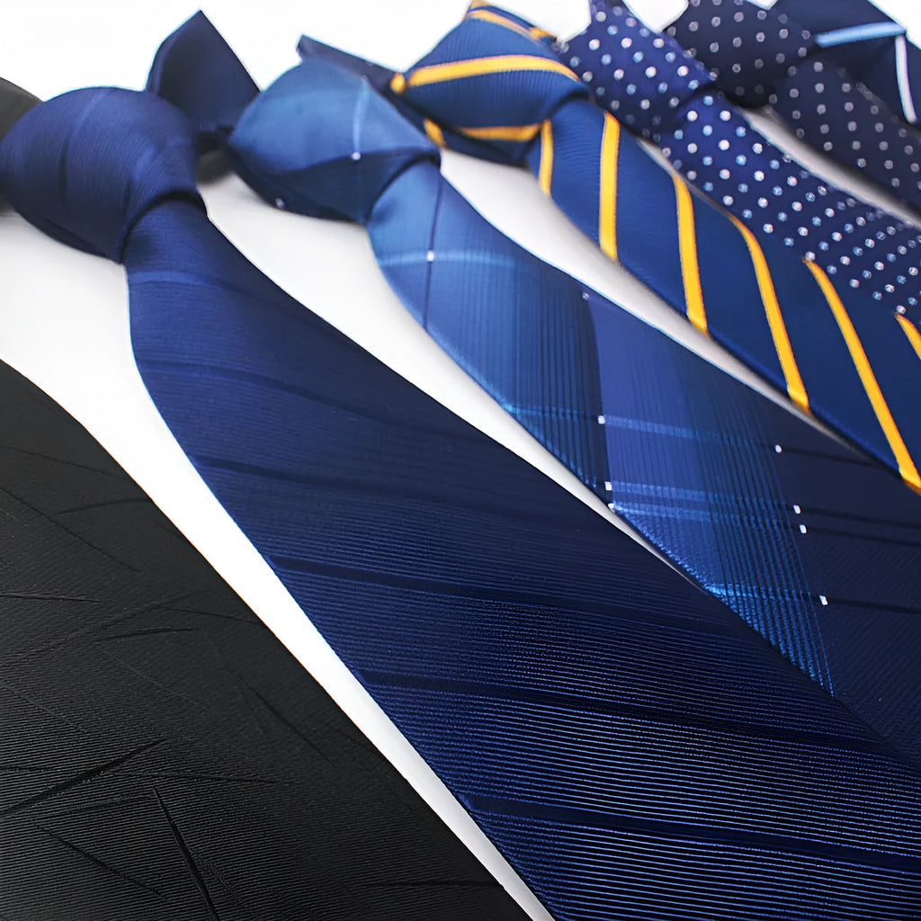 Man's red, black, and blue striped jacquard business tie with an 8cm width.
