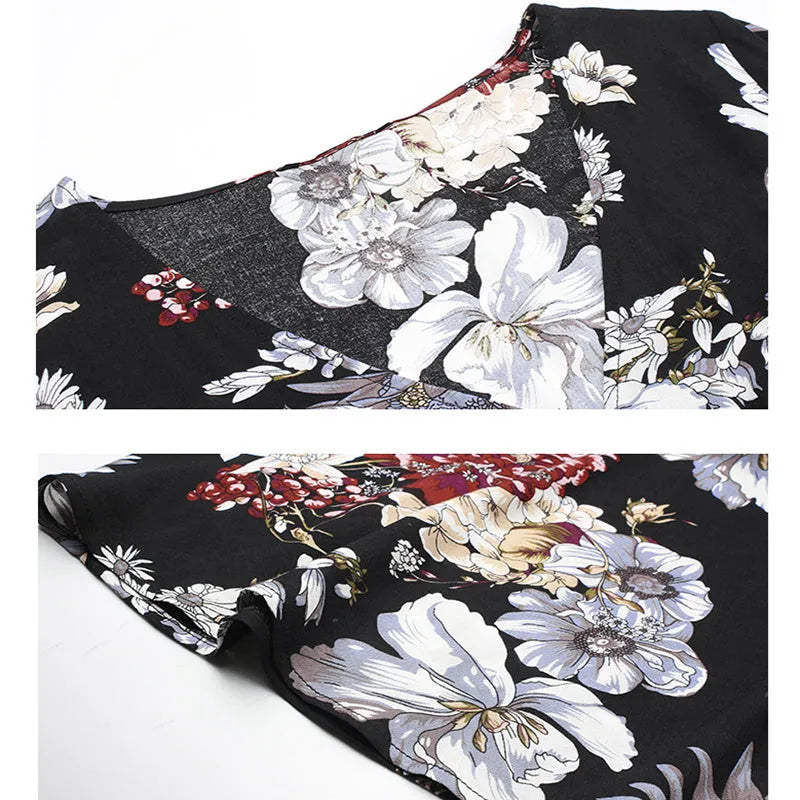 Women's floral print summer dress with V-neck and elastic waist in yellow, black or blue
