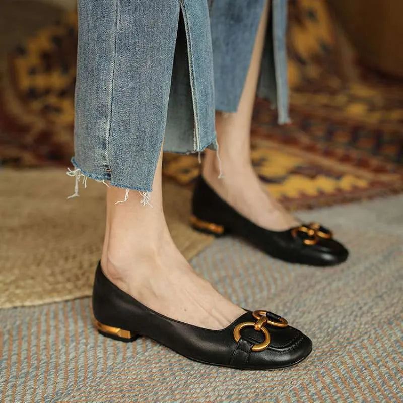 Women's Wanwan Lei style low heel pumps in apricot with square toe and shallow mouth design.