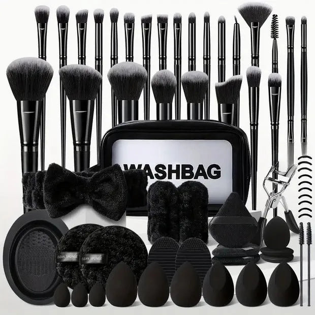 Black makeup brush set with 33 pieces including brush bag on a surface