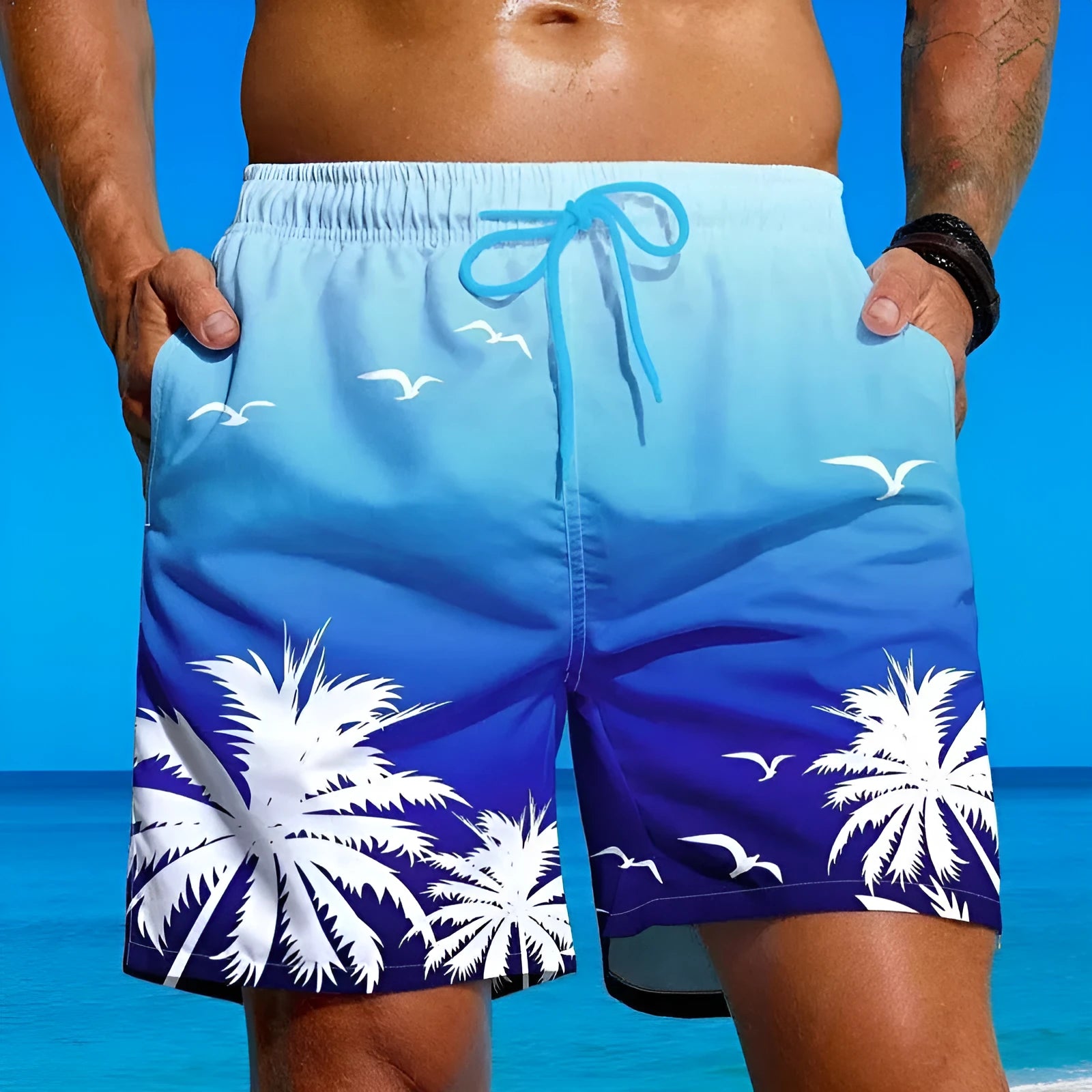 Men's ethnic style swimming trunks in polyester with loose board shorts design