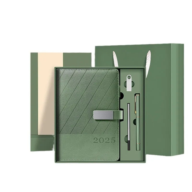 A5 business notepad with striped PU leather cover open on 80g wood-free paper, showing one of eight colour options.