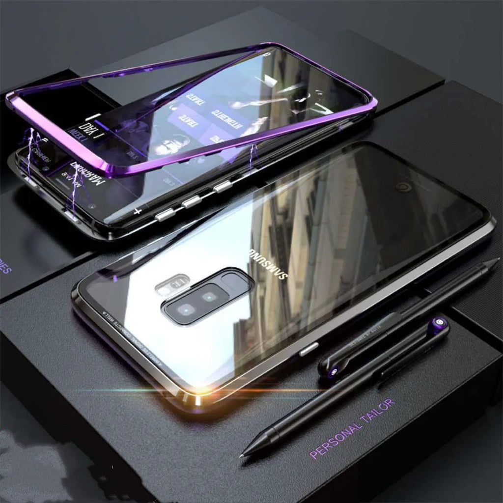 Black anti-peeping magnetic clamshell phone case for Samsung Galaxy smartphones showing closed and open views