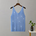 Ice silk knitted bright thread diamond-encrusted V-neck camisole in slim fit, shown in multiple colours including black, white, pink, and khaki