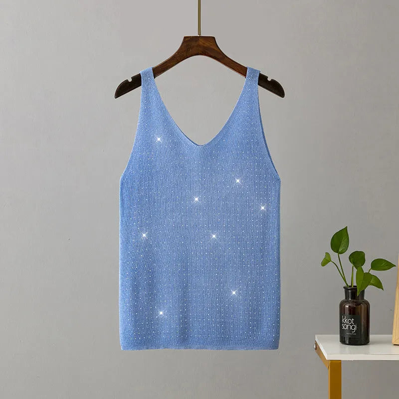 Ice silk knitted bright thread diamond-encrusted V-neck camisole in slim fit, shown in multiple colours including black, white, pink, and khaki
