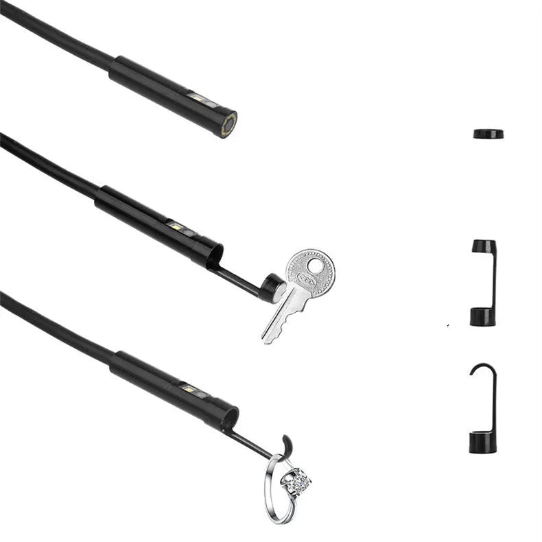 F300 wireless dual lens endoscope with IP68 waterproof probe, magnet, and hook accessories on a table