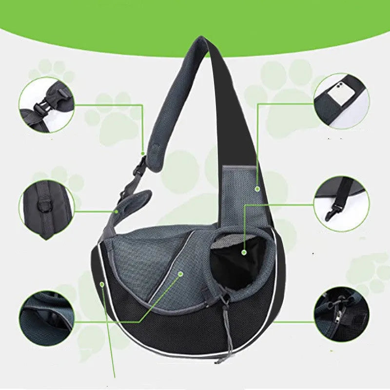 Women carrying black pet crossbody bag with small dog inside, Oxford material with drawstring closure