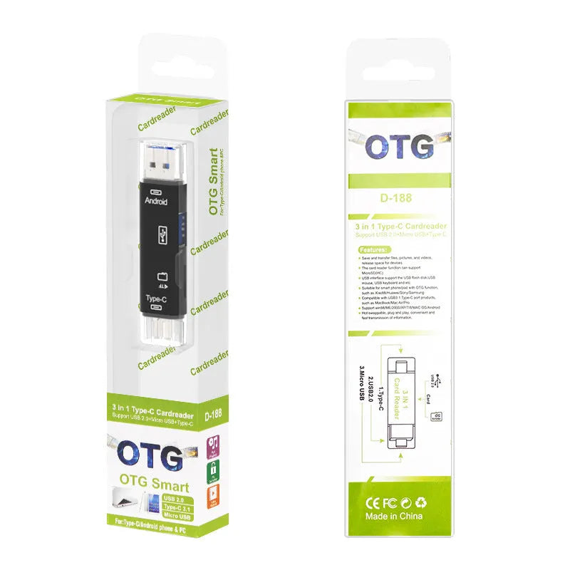Black and white Type-C Micro USB OTG hub adapter with TF card reader for laptops and phones.