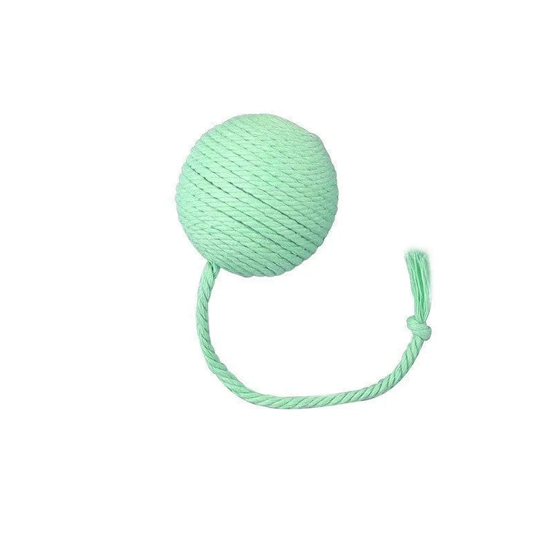 Colourful cat toy ball with rope tail and internal jingle bell in two size options