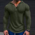 Men's pullover long sleeve t-shirt in solid khaki colour with waffle knit texture and hood, shown on model