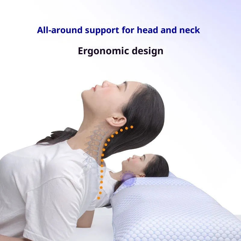 Household cervical memory foam pillow in white and blue, 63x36x13.5cm, with contoured neck support shape