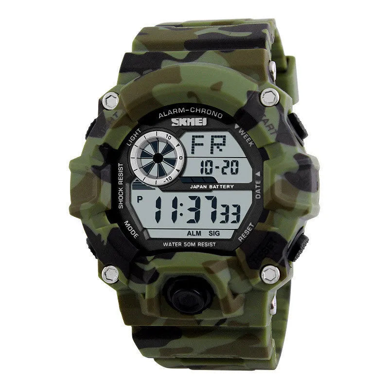 Digital sports watch with round dial, plastic strap, and display showing time, date, and dual time zones.