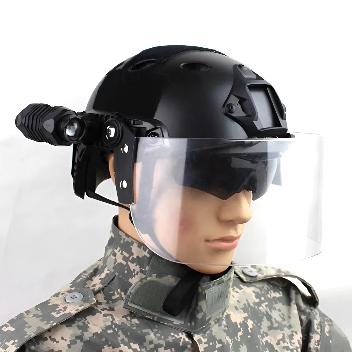 Transparent polycarbonate helmet face protection mask with guide rail mounting