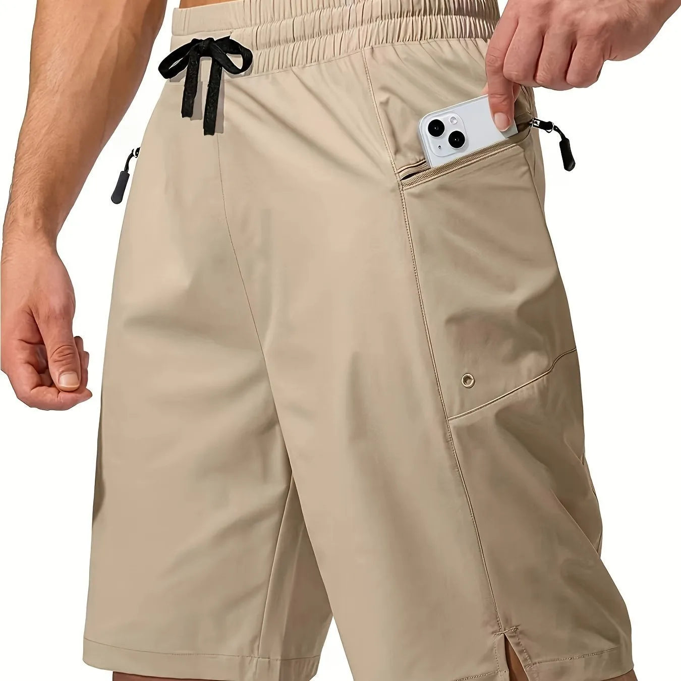 Men's solid colour quick-drying polyester beach shorts in straight leg cut