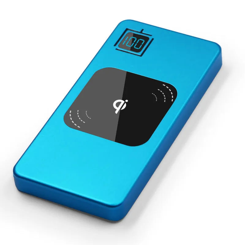 Silver alloy portable power bank with LCD display showing battery level