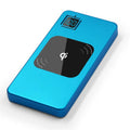 Silver alloy portable power bank with LCD display showing battery level