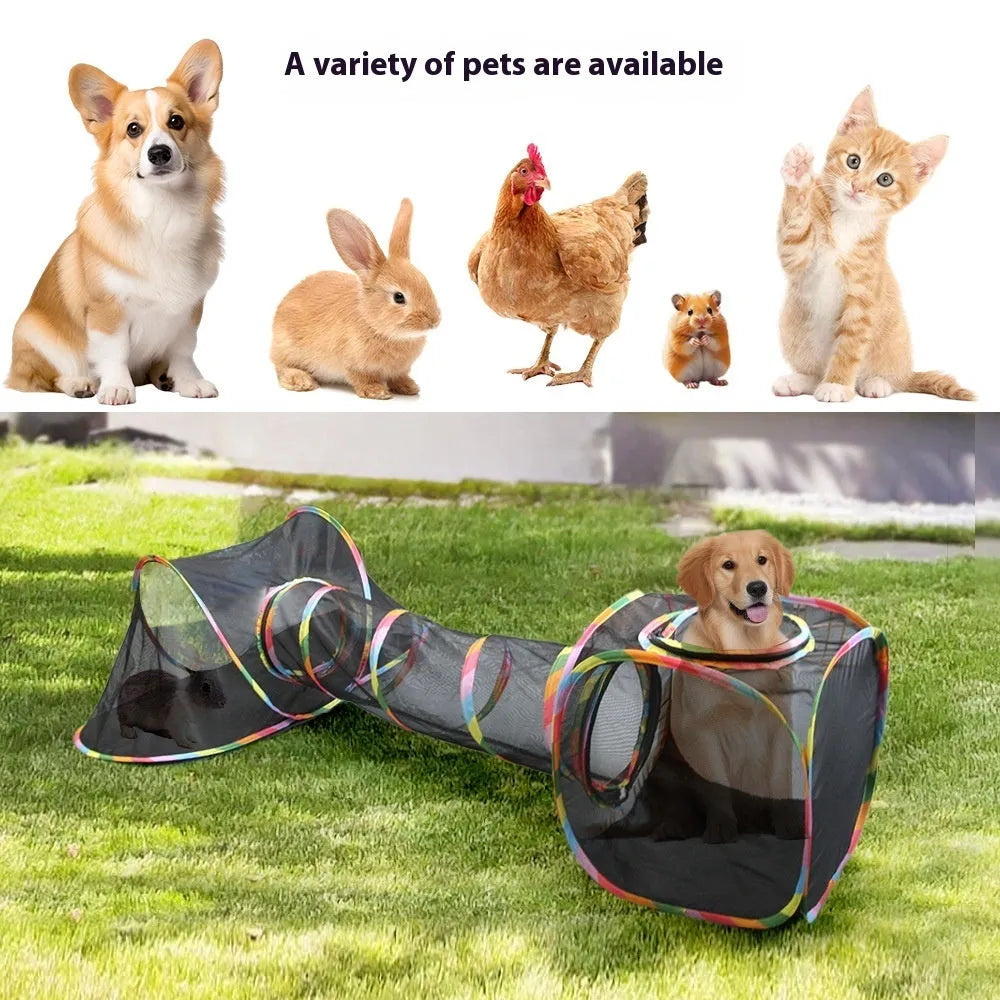 A foldable mesh cat play cage in a hexagonal style, showing open construction for pet visibility and interaction.