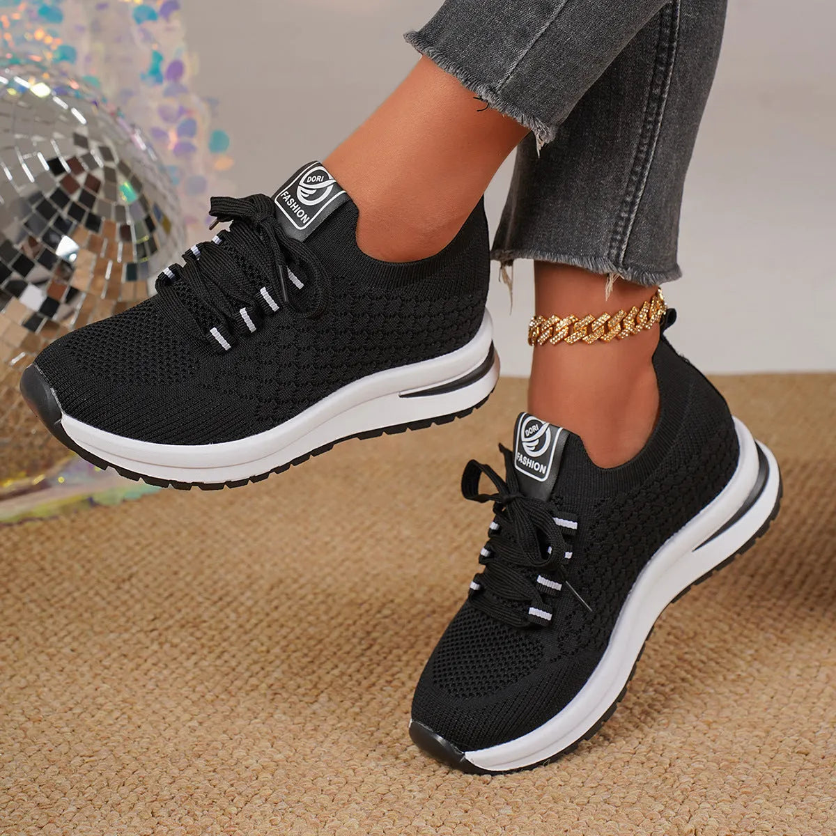 Plus size women's lace up mesh platform flat pumps in black with round toe and rubber sole