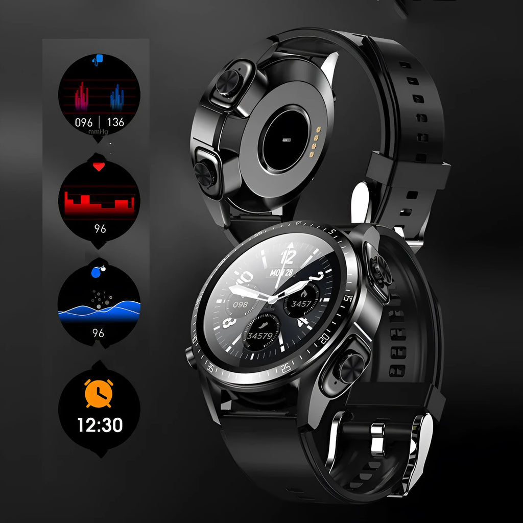 Black smart watch with a 1.28-inch screen displaying health stats on a silicone strap.