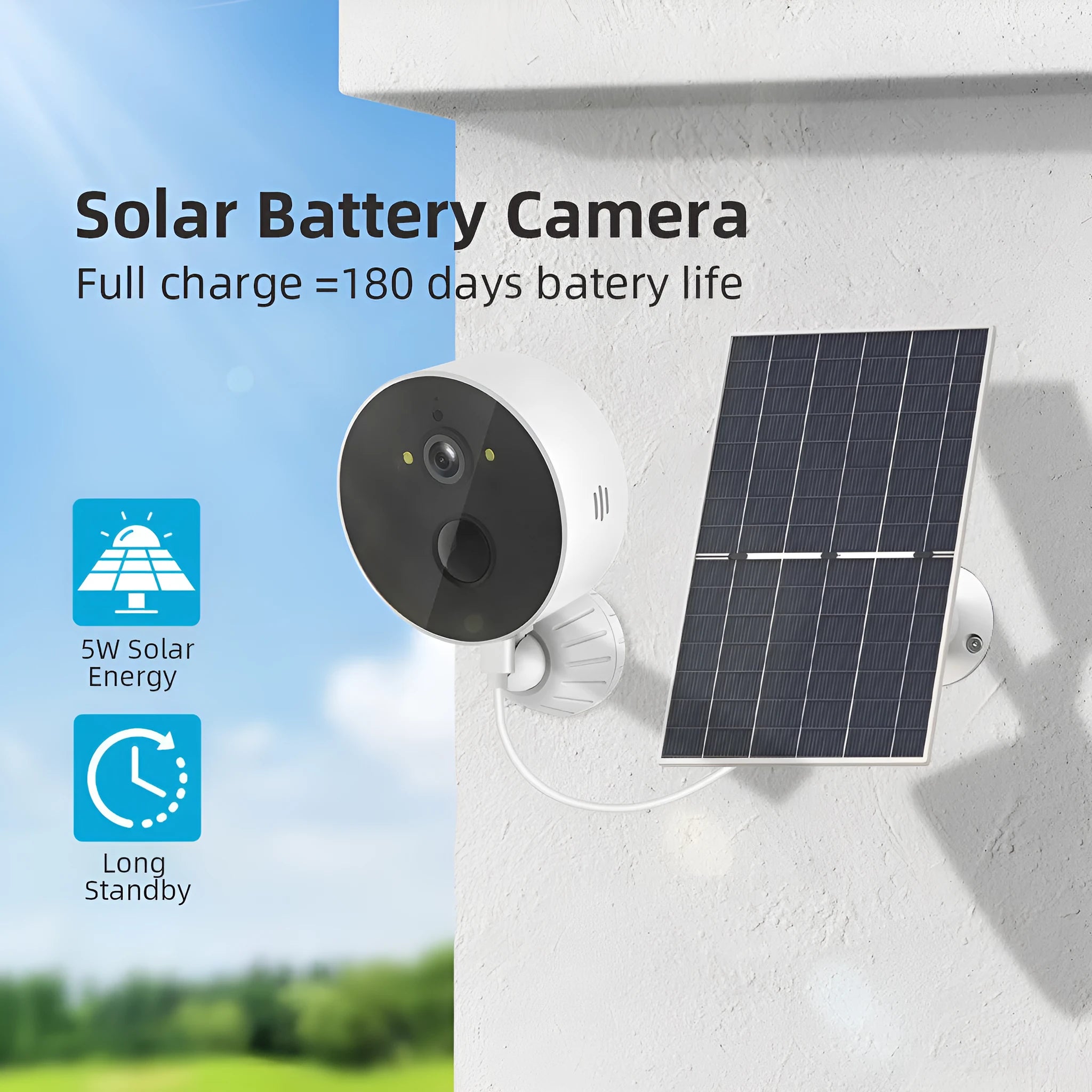 Outdoor solar-powered security camera with 1080P resolution and included solar panel for battery charging