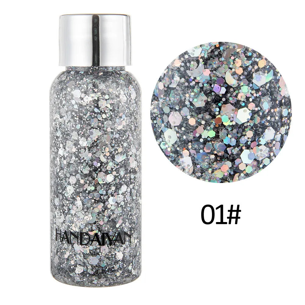 Chunky glitter body gel with laser sequins in a small pot, suitable for face hair nails and body decoration