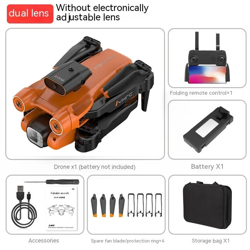 P12 Black and Orange quadcopter drones with HD cameras showing folded and unfolded positions