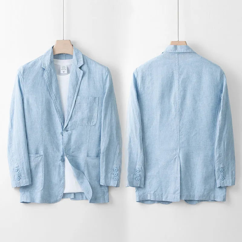 Men's loose fit linen casual blazer jacket on a hanger, shown in a solid colour.