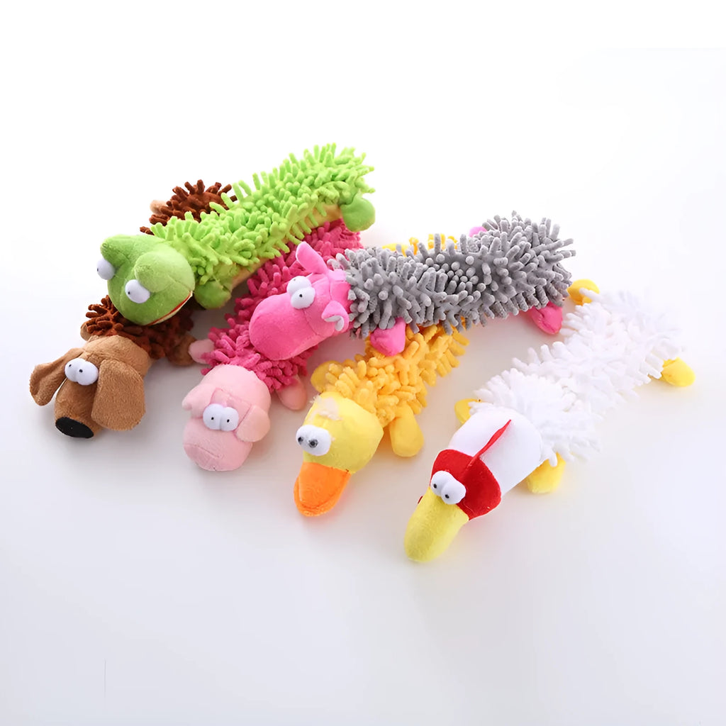 Plush microfiber molar dog toy in six animal designs including brown dog, yellow duck, and pink pig