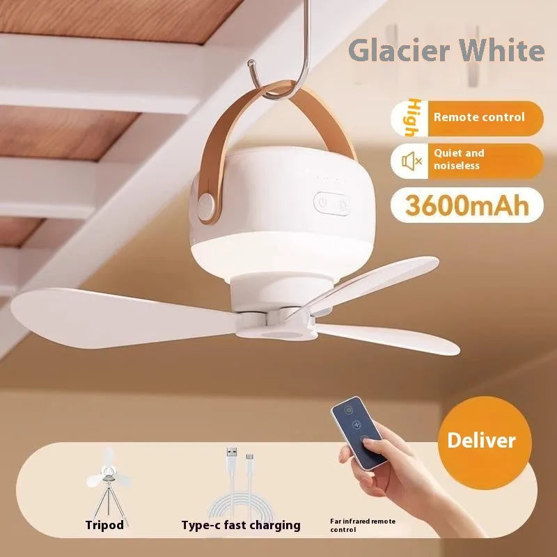 Small white rechargeable ceiling fan with blades and LED light, shown with remote control and charging cable.