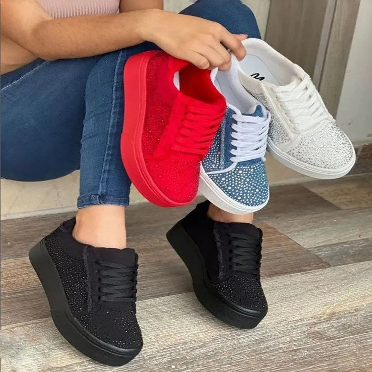 Plus size women's black lace-up casual shoes with rhinestones, chunky flat heel, and round toe.