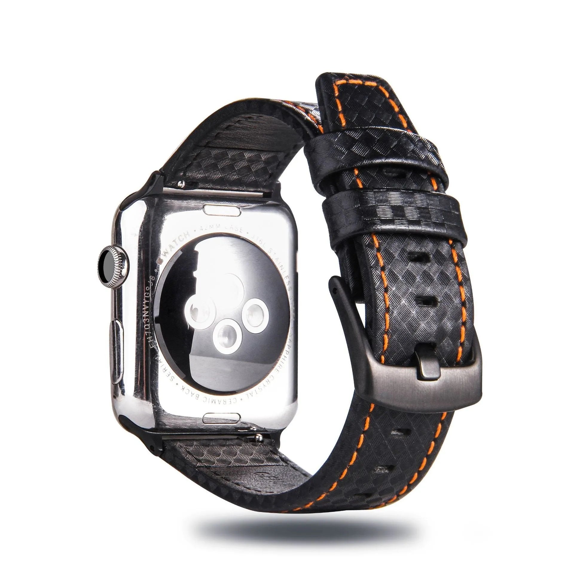 Compatible carbon fibre and leather Apple Watch strap with PC hard case in red, black, orange, and blue colour options.