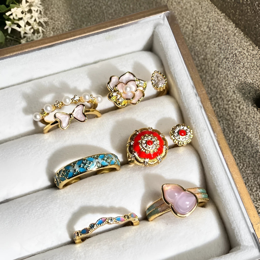 Adjustable vintage gourd ring with hand-painted oil drip finish and inlaid zircon stones