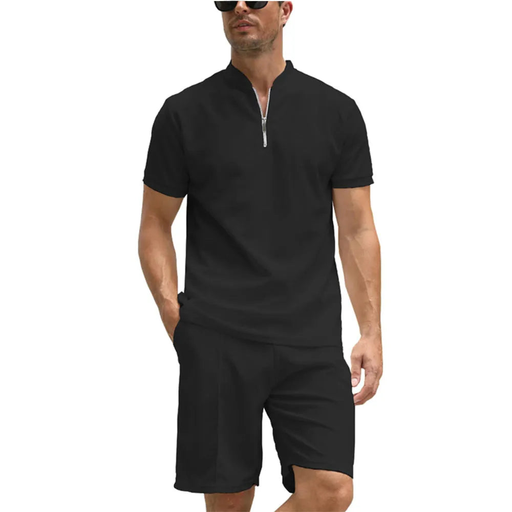 Men's solid colour polo shirt and trouser two-piece set in beaded bird's eye fabric