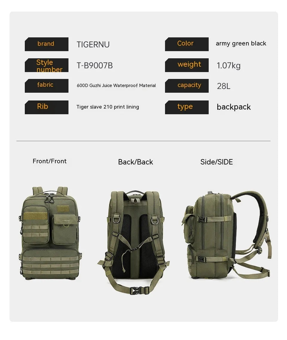 Army Green waterproof tactical backpack showing 17-inch size and main compartment