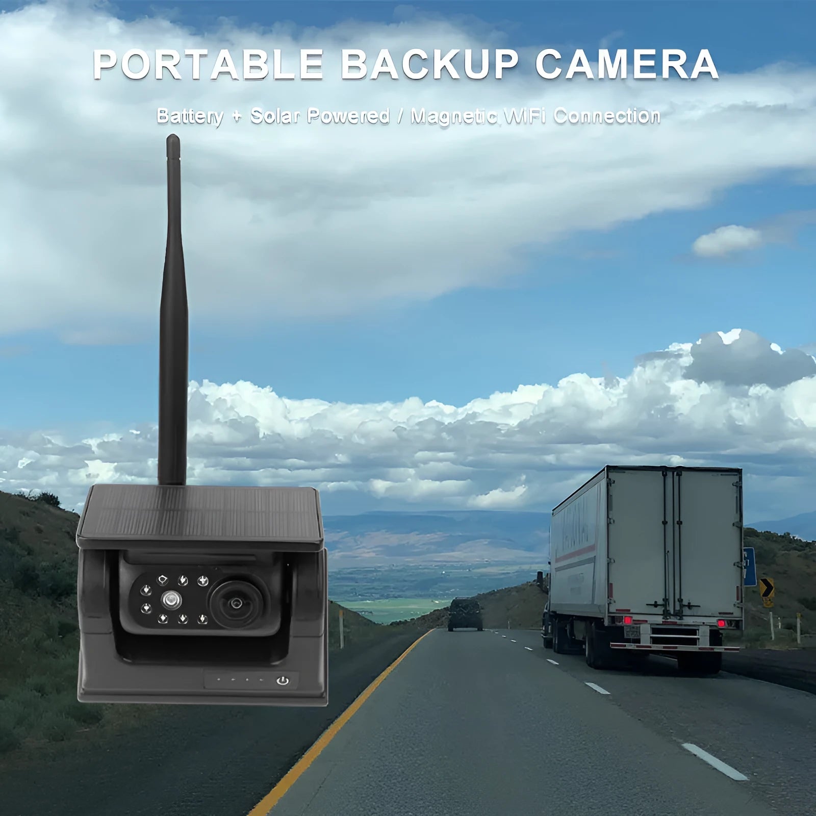 Solar wireless charging camera with aluminium alloy shell and magnet suction base for vehicle mounting.