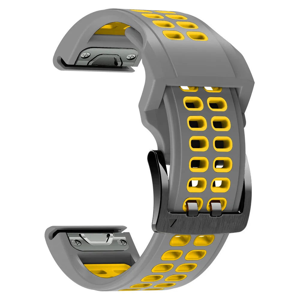 Quick release double row hole silicone watch strap in a two-tone colour on a watch.