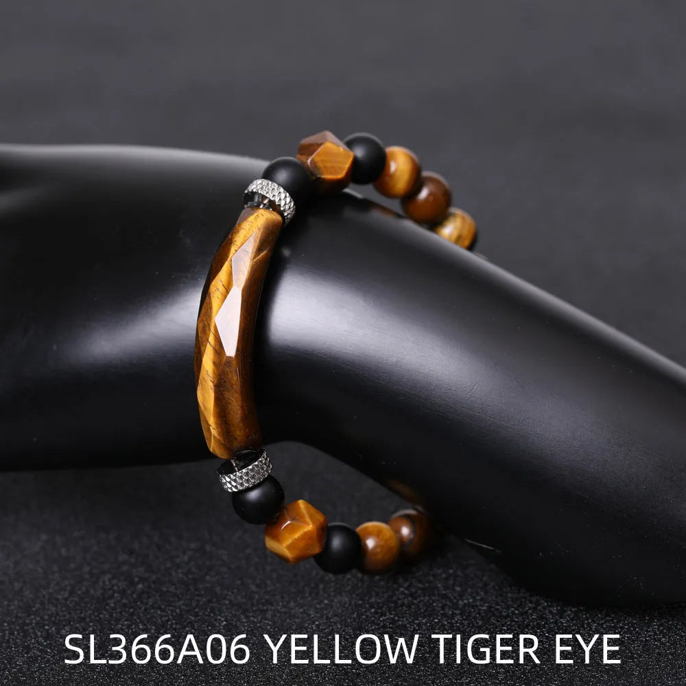 Handmade geometric bracelet with diamond-cut black agate beads and fan-shaped design elements.