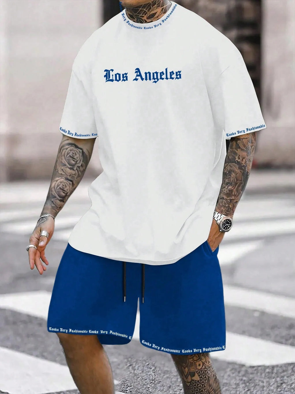 Men's printed polyester blend short sleeve top and matching shorts casual sports set